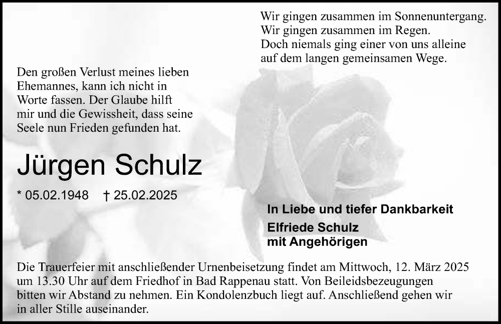  Traueranzeige für Jürgen Schulz vom 08.03.2025 aus GESAMT