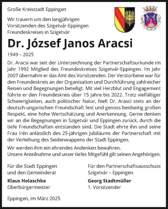 Traueranzeige von József János Aracsi von GESAMT
