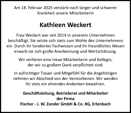 Traueranzeige von Kathleen Weckert von GESAMT