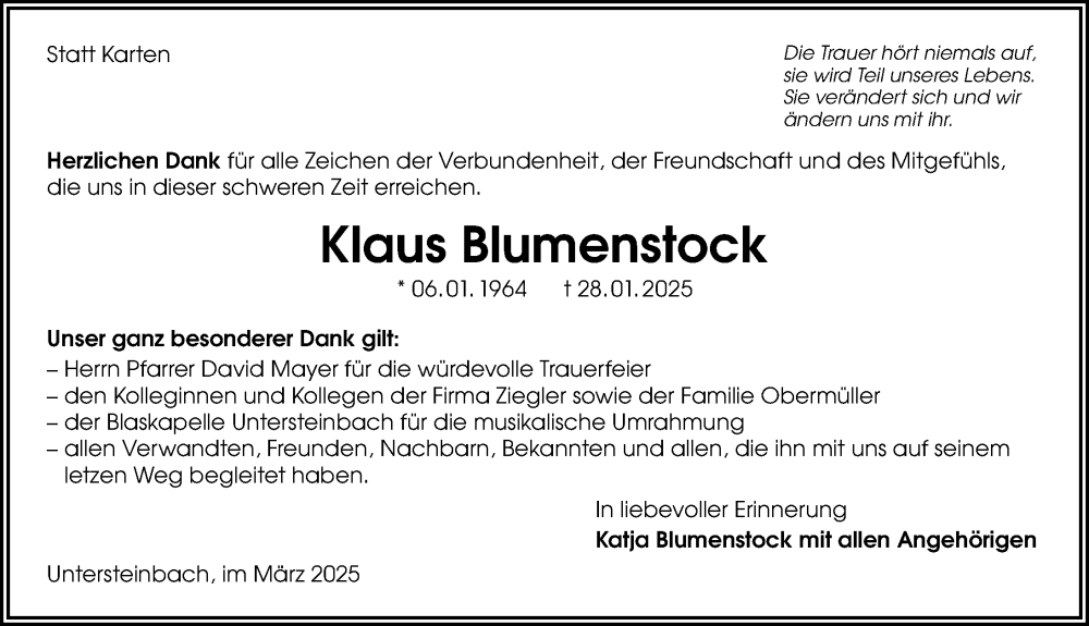  Traueranzeige für Klaus Blumenstock vom 13.03.2025 aus GESAMT
