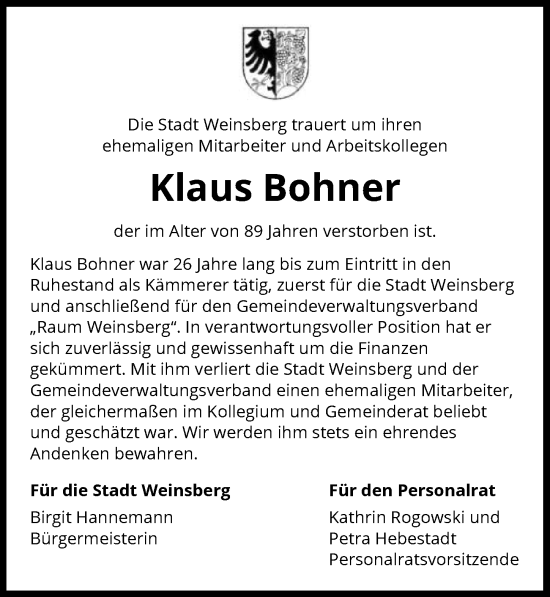 Traueranzeige von Klaus Bohner von GESAMT