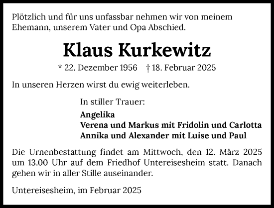 Traueranzeige von Klaus Kurkewitz von GESAMT