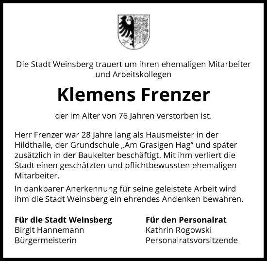 Traueranzeige von Klemens Frenzer von GESAMT