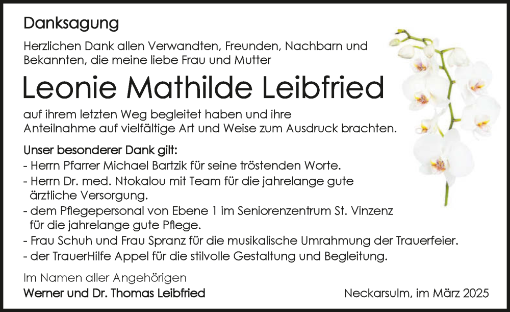  Traueranzeige für Leonie Mathilde Leibfried vom 08.03.2025 aus GESAMT