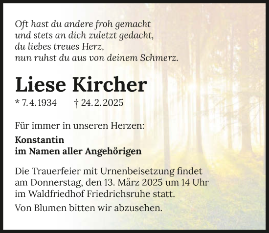 Traueranzeige von Liese Kircher von GESAMT