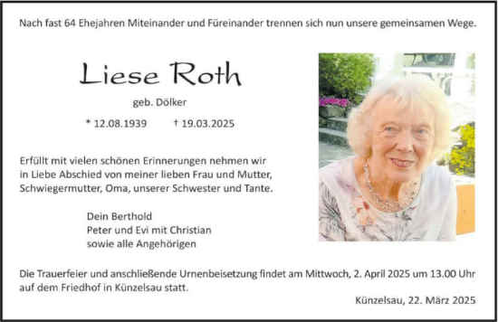 Traueranzeige von Liese Roth von GESAMT