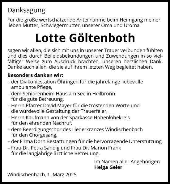 Traueranzeige von Lotte Göltenboth von GESAMT