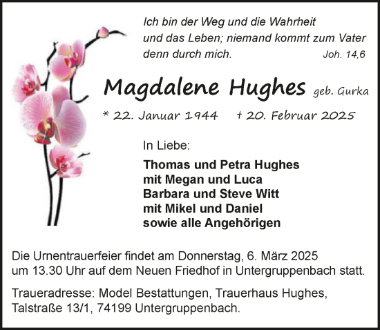 Traueranzeige von Magdalene Hughes von GESAMT