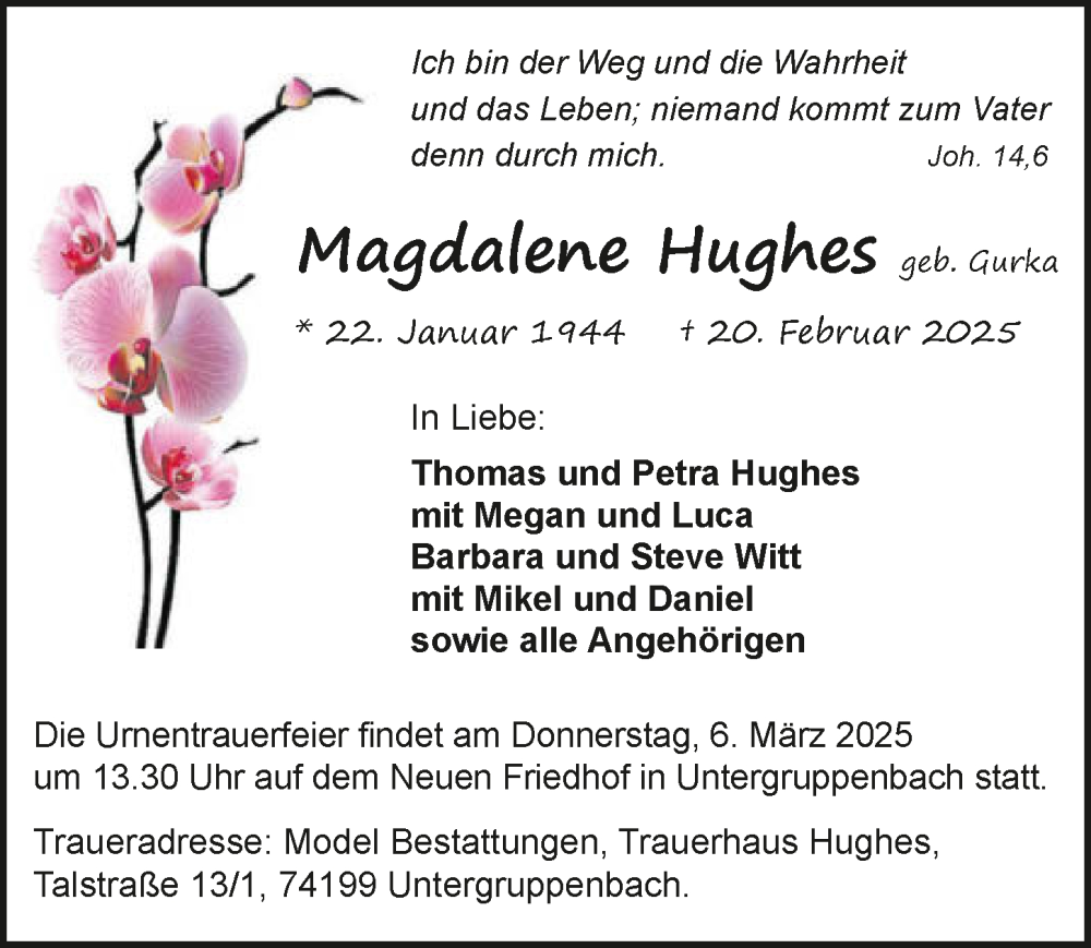  Traueranzeige für Magdalene Hughes vom 01.03.2025 aus GESAMT