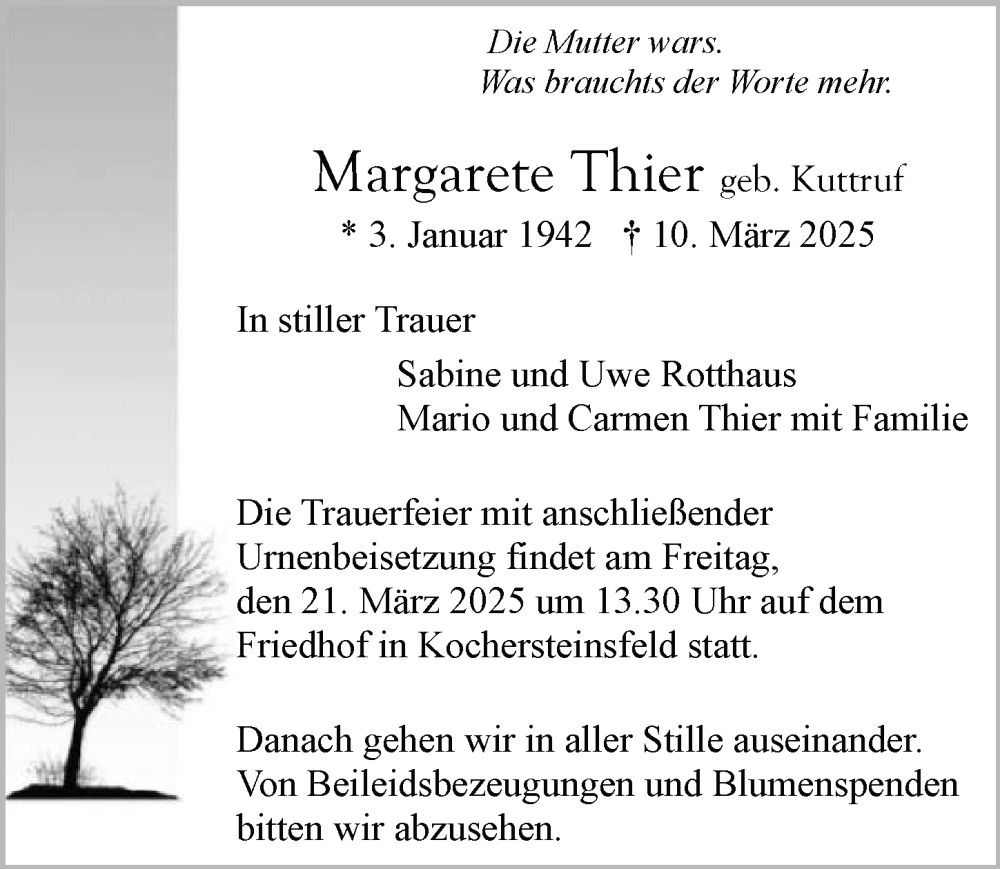  Traueranzeige für Margarete Thier vom 19.03.2025 aus GESAMT