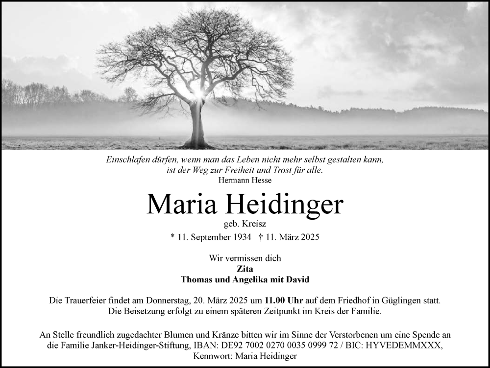  Traueranzeige für Maria Heidinger vom 15.03.2025 aus GESAMT