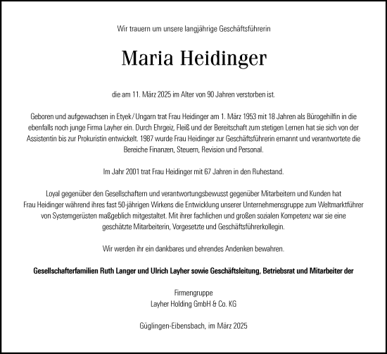 Traueranzeige von Maria Heidinger von GESAMT