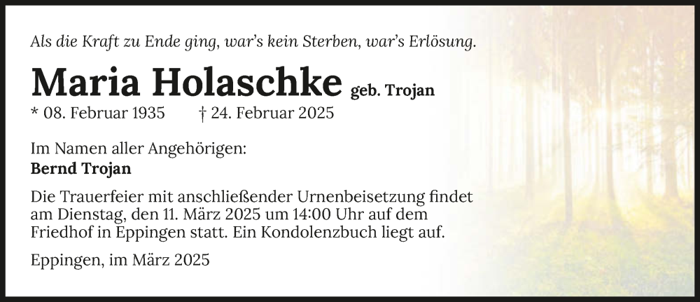  Traueranzeige für Maria Holaschke vom 07.03.2025 aus GESAMT
