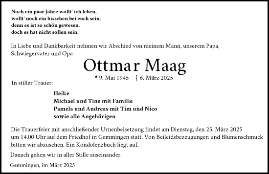 Traueranzeige von Ottmar Maag von GESAMT