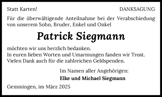 Traueranzeige von Patrick Siegmann von GESAMT