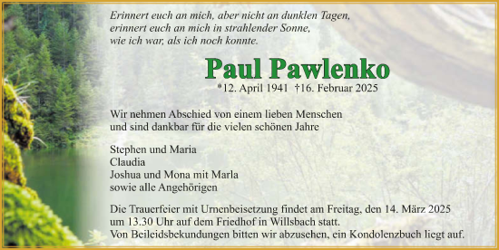 Traueranzeige von Paul Pawlenko von GESAMT