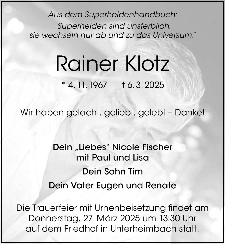  Traueranzeige für Rainer Klotz vom 20.03.2025 aus GESAMT
