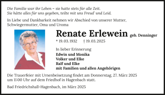 Traueranzeige von Renate Erlewein von GESAMT