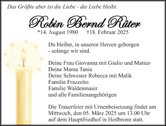 Traueranzeige von Robin Bernd Rüter von GESAMT