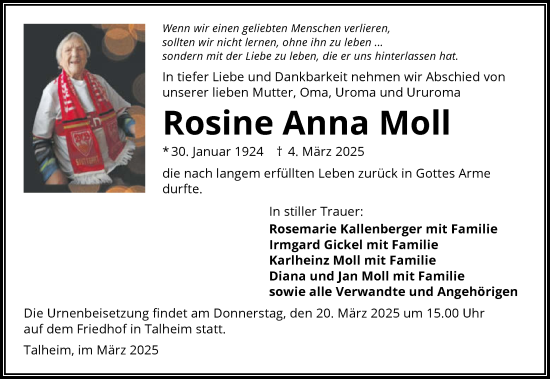 Traueranzeige von Rosine Anna Moll von GESAMT