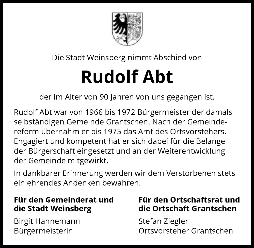  Traueranzeige für Rudolf Abt vom 06.03.2025 aus GESAMT