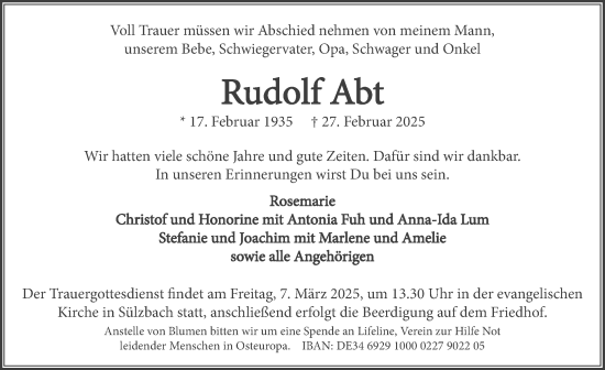 Traueranzeige von Rudolf Abt von GESAMT