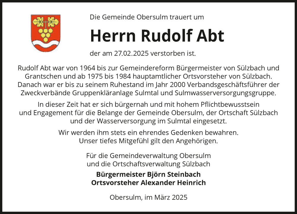  Traueranzeige für Rudolf Abt vom 05.03.2025 aus GESAMT