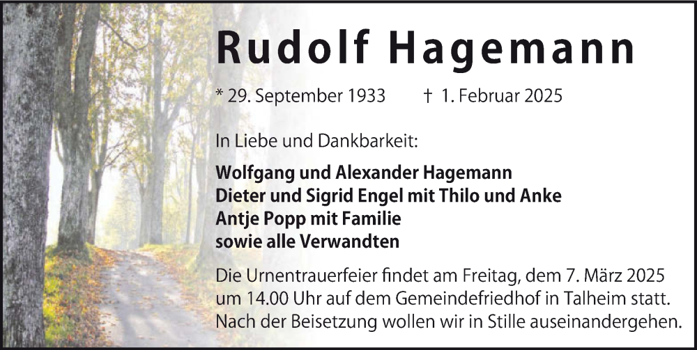  Traueranzeige für Rudolf Hagemann vom 01.03.2025 aus GESAMT