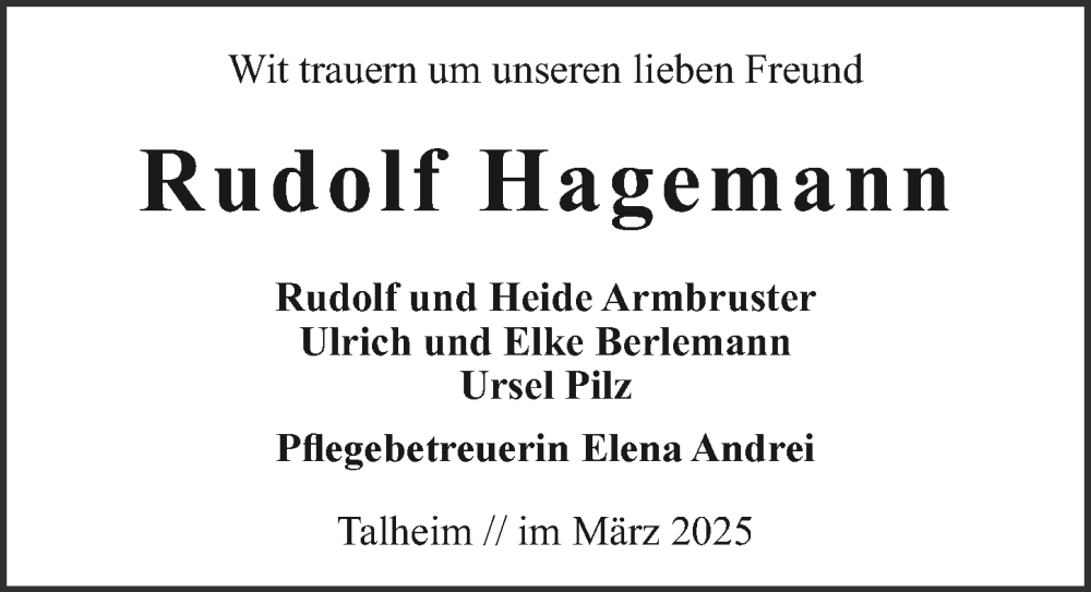  Traueranzeige für Rudolf Hagemann vom 01.03.2025 aus GESAMT