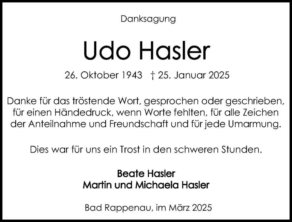  Traueranzeige für Udo Hasler vom 15.03.2025 aus GESAMT