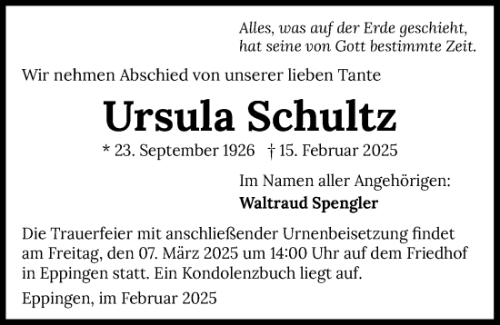 Traueranzeige von Ursula Schultz von GESAMT
