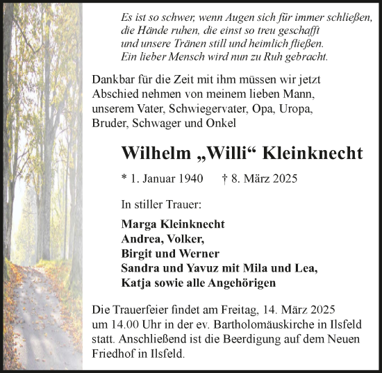 Traueranzeige von Wilhelm Kleinknecht von GESAMT