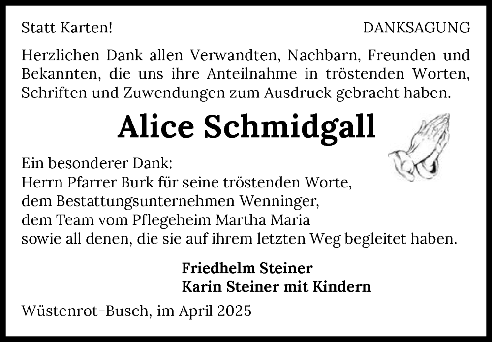  Traueranzeige für Alice Schmidgall vom 05.04.2025 aus GESAMT