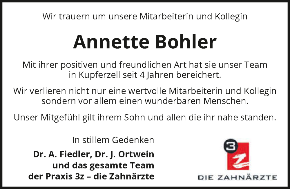  Traueranzeige für Annette Bohler vom 02.04.2025 aus GESAMT
