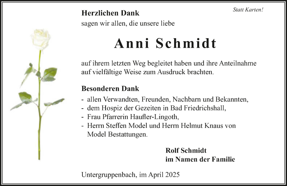  Traueranzeige für Anni Schmidt vom 19.04.2025 aus GESAMT