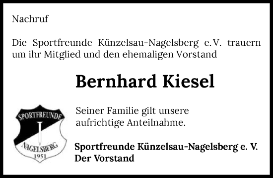 Traueranzeige von Bernhard Kiesel von GESAMT