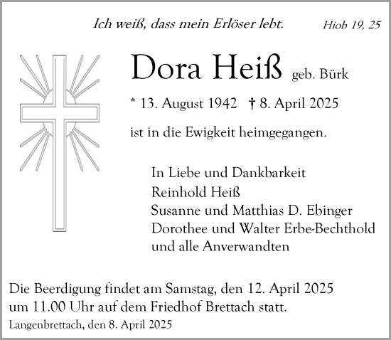 Traueranzeige von Dora Heiß von GESAMT