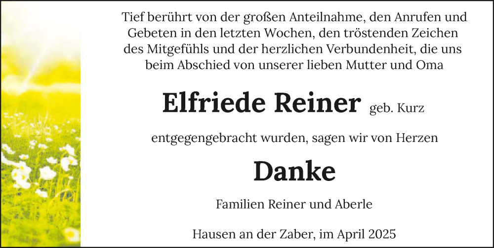  Traueranzeige für Elfriede Reiner vom 05.04.2025 aus GESAMT