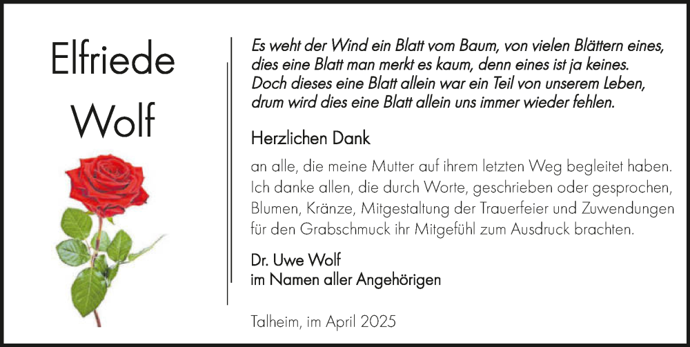  Traueranzeige für Elfriede Wolf vom 05.04.2025 aus GESAMT