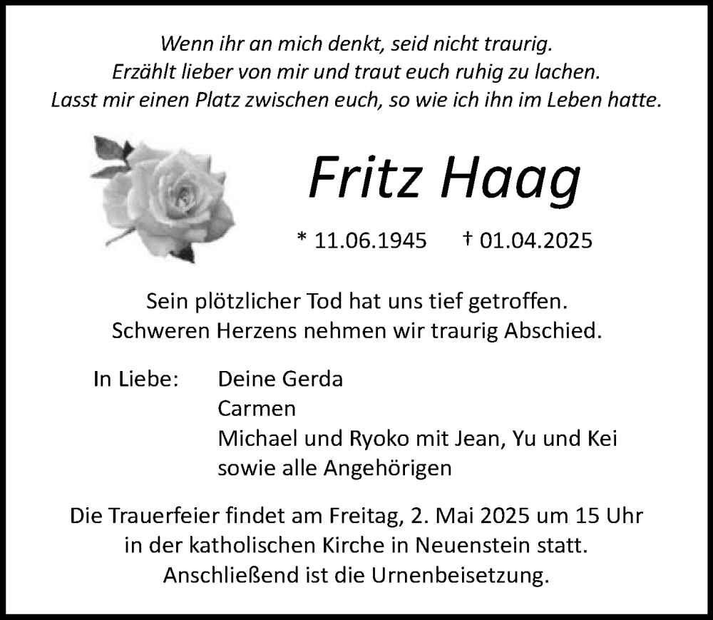  Traueranzeige für Fritz Haag vom 12.04.2025 aus GESAMT