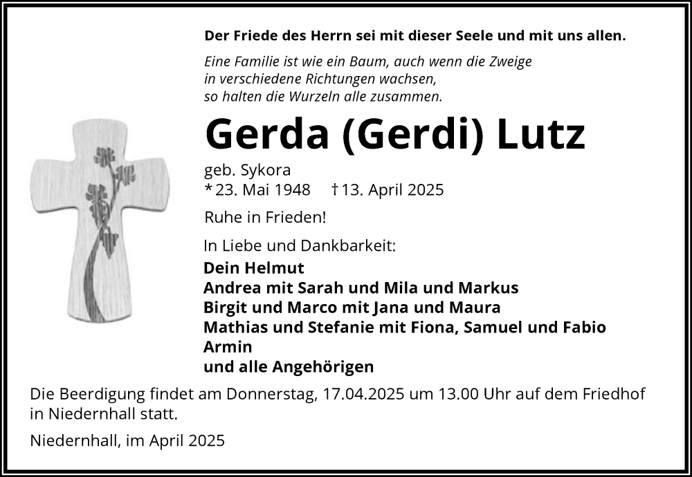  Traueranzeige für Gerda Lutz vom 15.04.2025 aus GESAMT