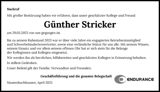 Traueranzeige von Günther Stricker von GESAMT