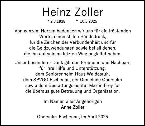 Traueranzeige von Heinz Zoller von GESAMT