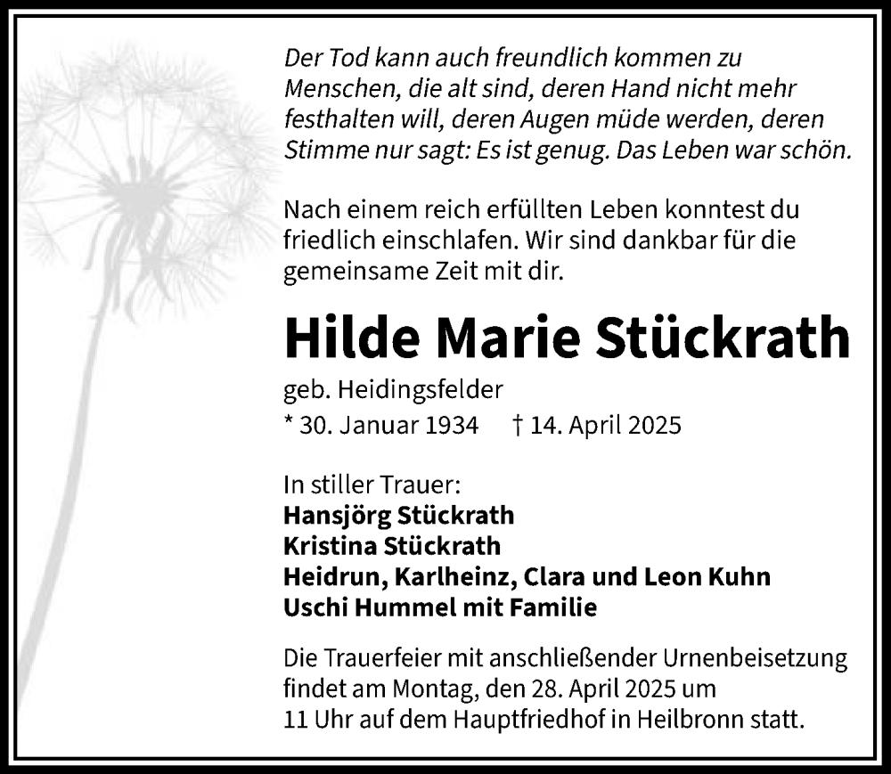  Traueranzeige für Hilde Marie Stückrath vom 19.04.2025 aus GESAMT