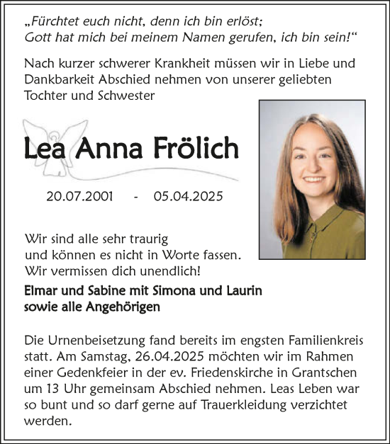 Traueranzeige von Lea Anna Frölich von GESAMT