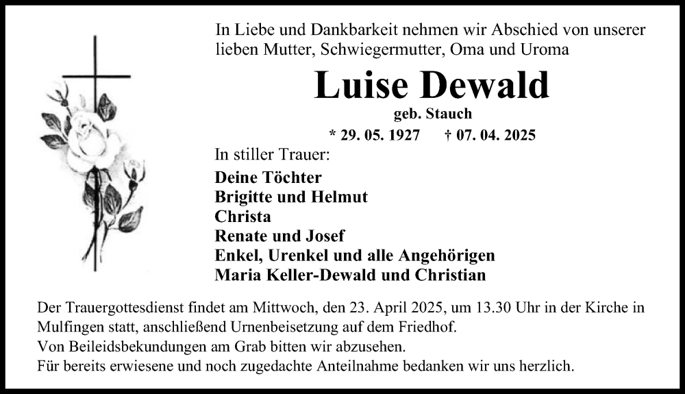  Traueranzeige für Luise Dewald vom 19.04.2025 aus GESAMT