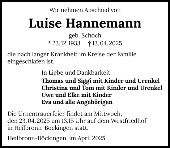 Traueranzeige von Luise Hannemann von GESAMT