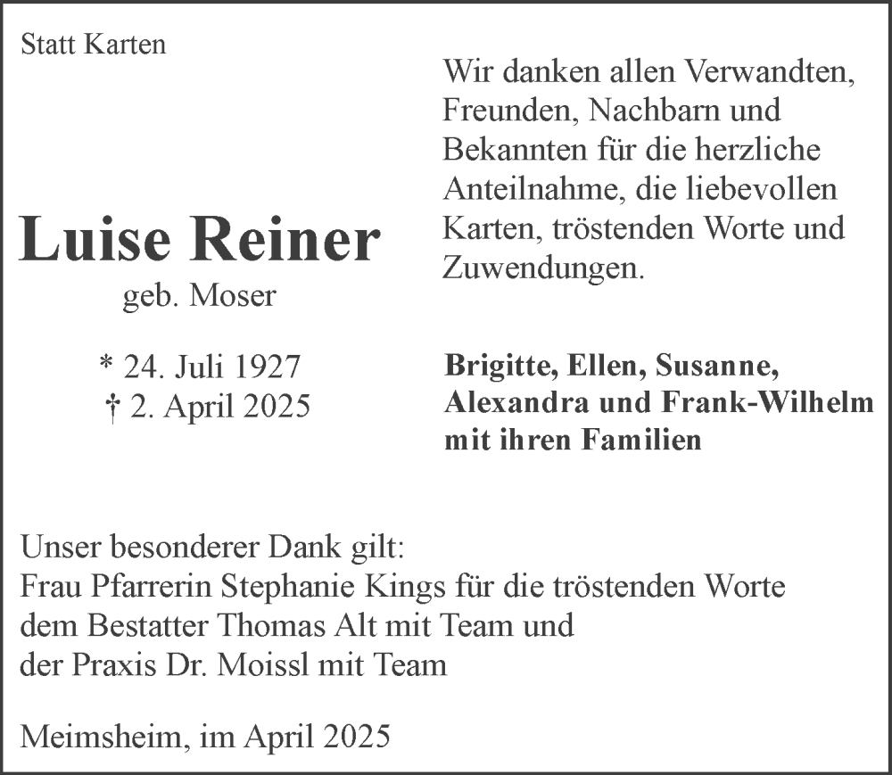  Traueranzeige für Luise Reiner vom 25.04.2025 aus GESAMT