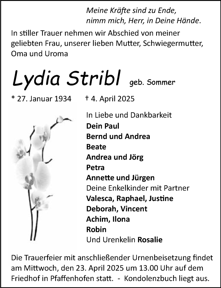  Traueranzeige für Lydia Stribl vom 19.04.2025 aus GESAMT