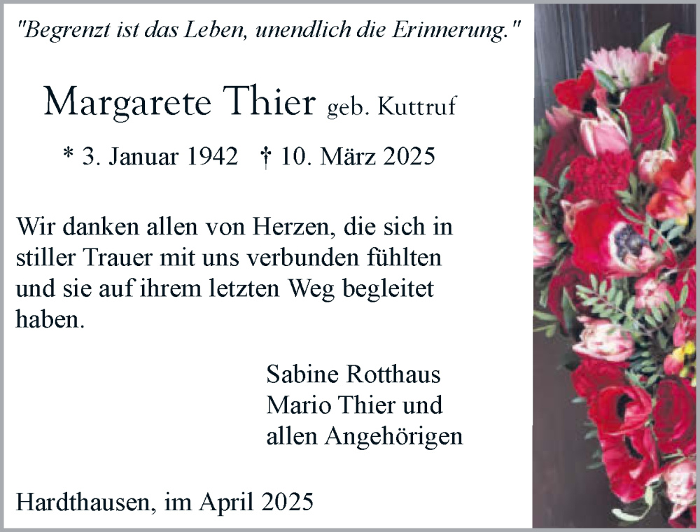  Traueranzeige für Margarete Thier vom 12.04.2025 aus GESAMT